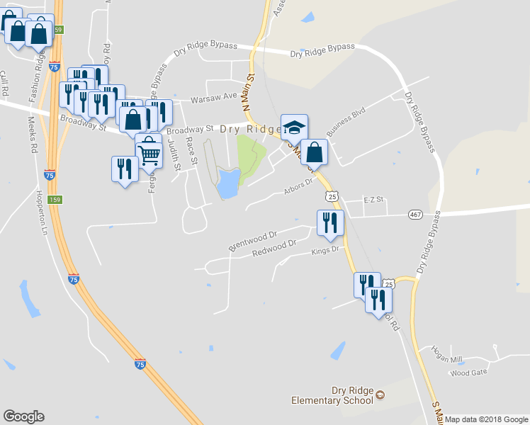 map of restaurants, bars, coffee shops, grocery stores, and more near 1100 Arbors Drive in Dry Ridge