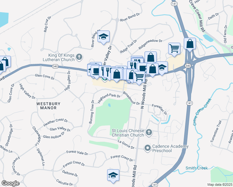 map of restaurants, bars, coffee shops, grocery stores, and more near 56 Highland Park Drive in Chesterfield