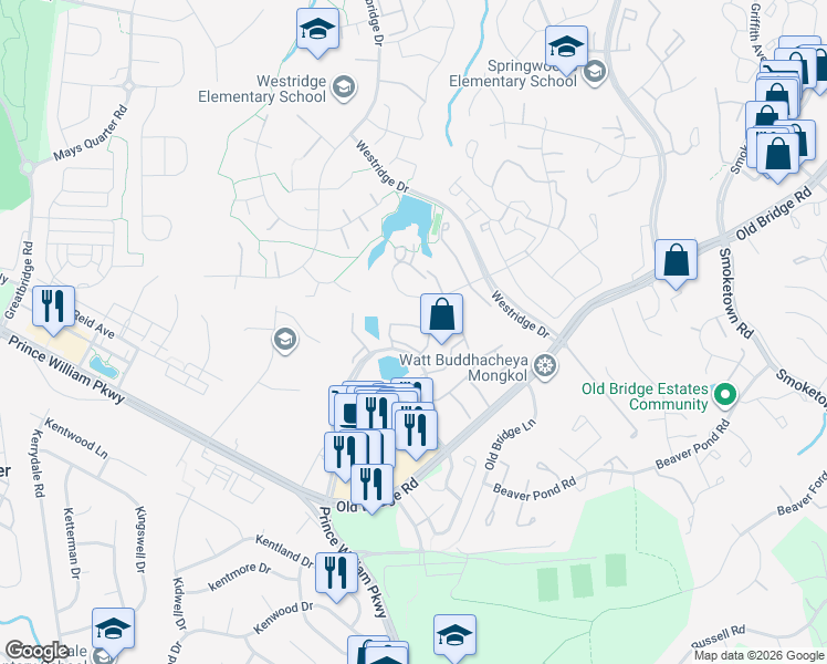 map of restaurants, bars, coffee shops, grocery stores, and more near 12827 Silvia Loop in Woodbridge