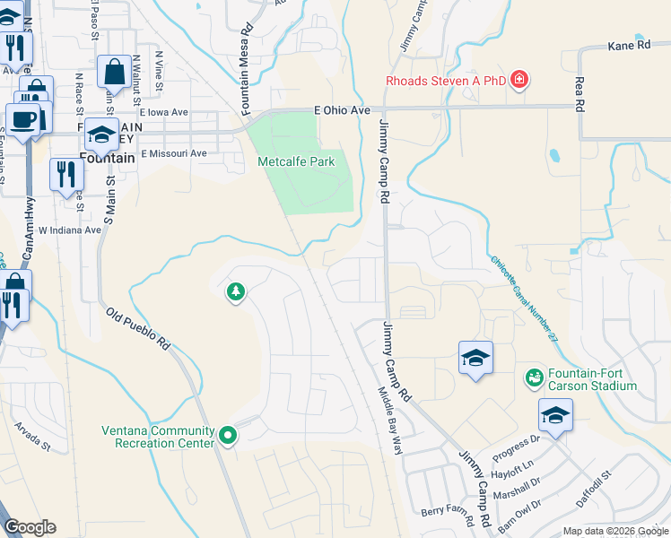 map of restaurants, bars, coffee shops, grocery stores, and more near 7353 Little Jimmy Grove in Fountain