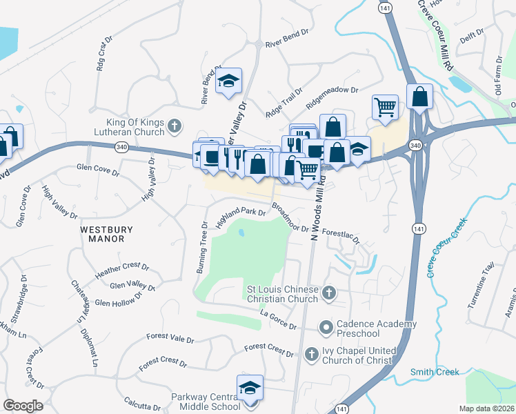map of restaurants, bars, coffee shops, grocery stores, and more near 56 Highland Park Drive in Chesterfield