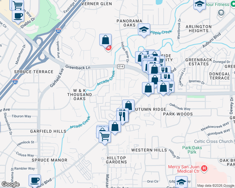 map of restaurants, bars, coffee shops, grocery stores, and more near 5909 Country Lane in Citrus Heights