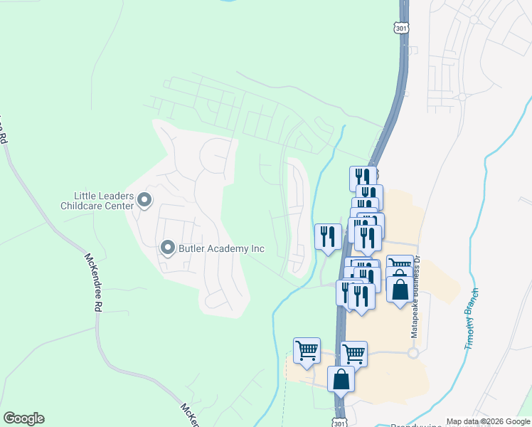 map of restaurants, bars, coffee shops, grocery stores, and more near 15405 Chaddsford Lake Drive in Brandywine