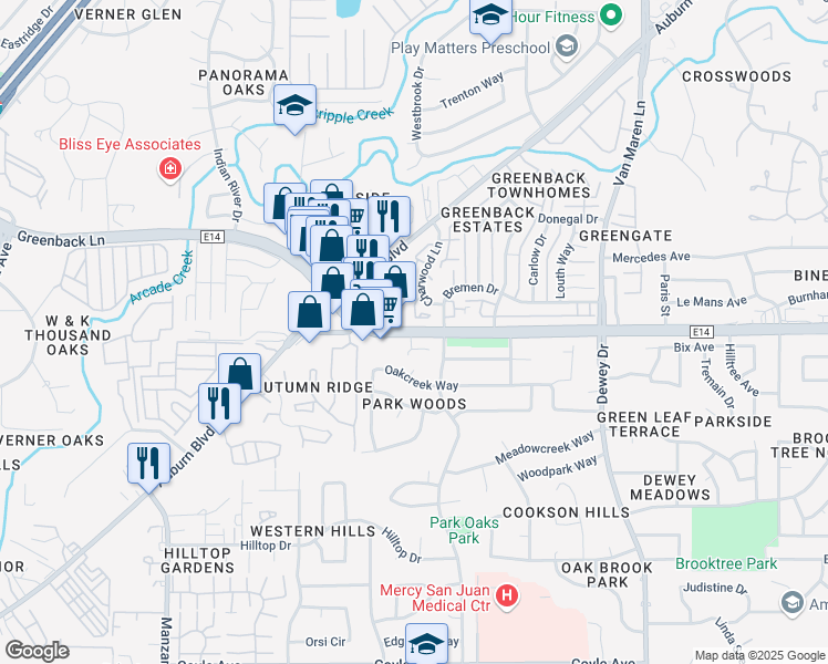 map of restaurants, bars, coffee shops, grocery stores, and more near 6344 Greenback Lane in Citrus Heights