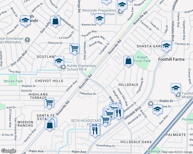 map of restaurants, bars, coffee shops, grocery stores, and more near 6055 Springhaven Circle in Sacramento