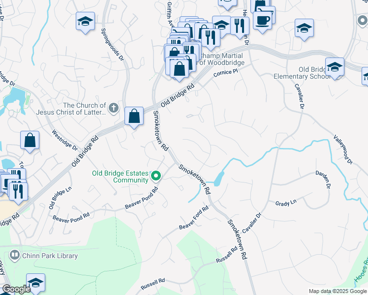 map of restaurants, bars, coffee shops, grocery stores, and more near 3566 Hummock Place in Woodbridge