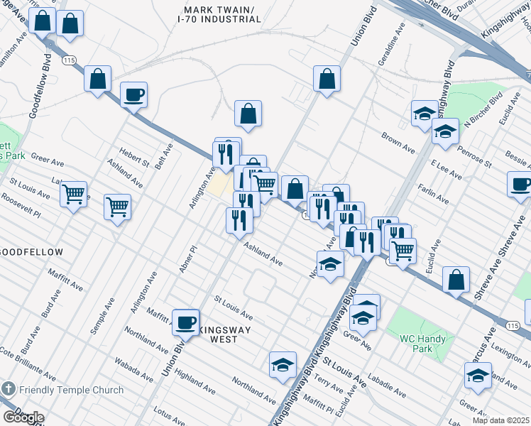 map of restaurants, bars, coffee shops, grocery stores, and more near 5228 Palm Street in St. Louis