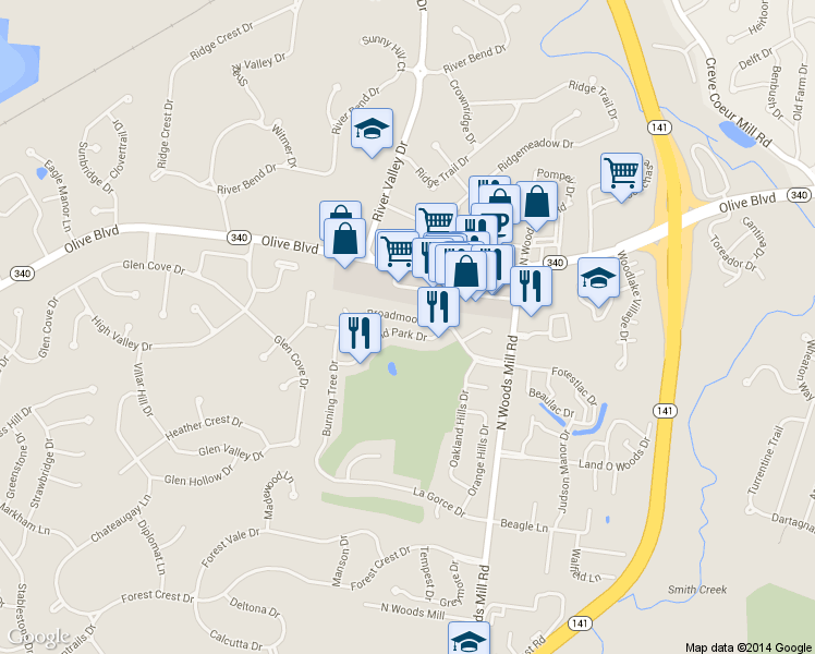 map of restaurants, bars, coffee shops, grocery stores, and more near 56 Highland Park Drive in Chesterfield