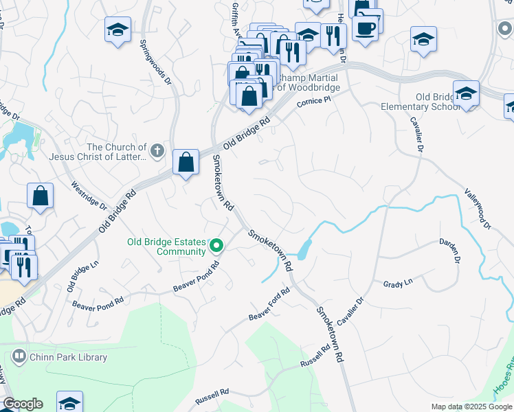 map of restaurants, bars, coffee shops, grocery stores, and more near 3566 Hummock Place in Woodbridge