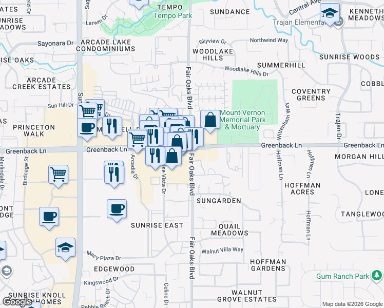map of restaurants, bars, coffee shops, grocery stores, and more near 8100 Greenback Ln in Fair Oaks