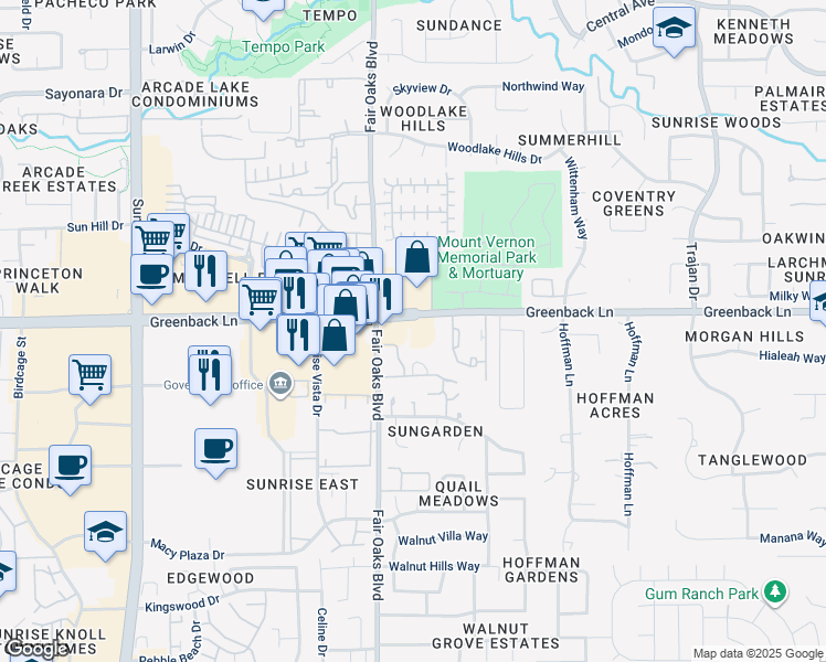 map of restaurants, bars, coffee shops, grocery stores, and more near 12400 Fair Oaks Boulevard in Fair Oaks