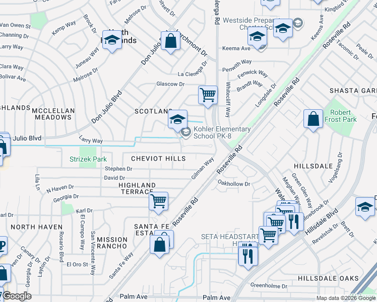 map of restaurants, bars, coffee shops, grocery stores, and more near 6112 Queen Court in North Highlands