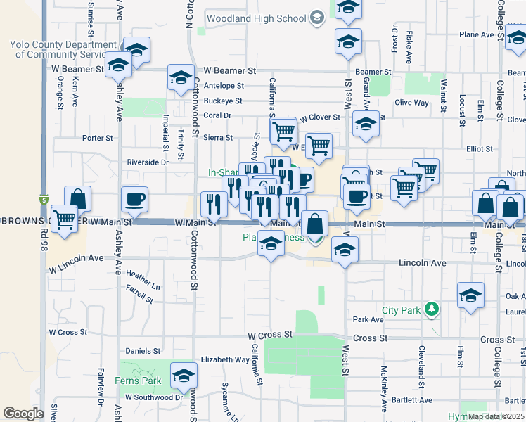 map of restaurants, bars, coffee shops, grocery stores, and more near 115 West Main Street in Woodland
