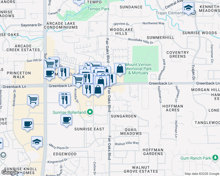 map of restaurants, bars, coffee shops, grocery stores, and more near 12400 Fair Oaks Boulevard in Fair Oaks