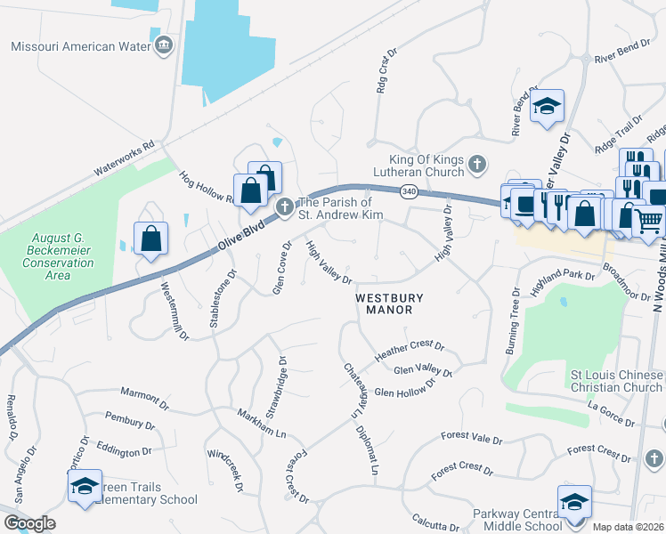 map of restaurants, bars, coffee shops, grocery stores, and more near 44 High Valley Drive in Chesterfield