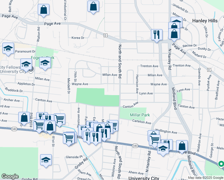 map of restaurants, bars, coffee shops, grocery stores, and more near 1455 Lyndale Avenue in University City