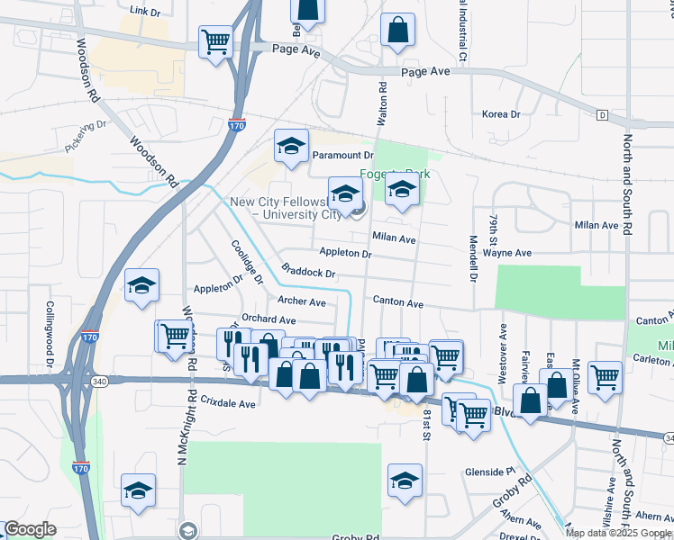 map of restaurants, bars, coffee shops, grocery stores, and more near 1344 Grant Drive in St. Louis