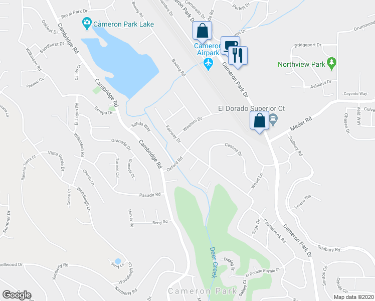 map of restaurants, bars, coffee shops, grocery stores, and more near Fairway Drive & Oxford Road in Shingle Springs