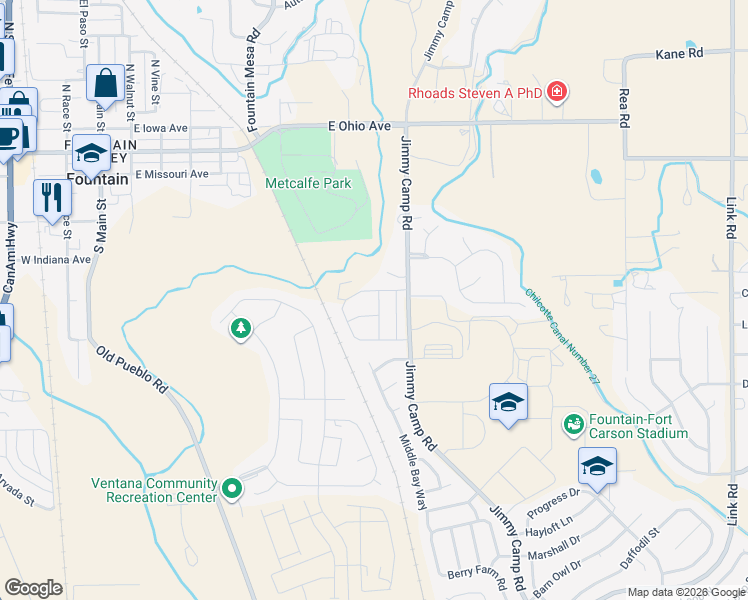 map of restaurants, bars, coffee shops, grocery stores, and more near 7353 Little Jimmy Grove in Fountain