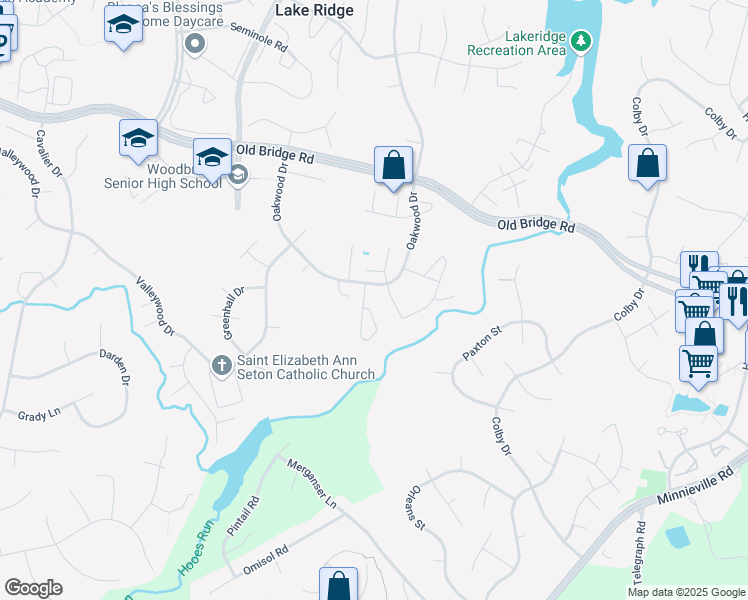 map of restaurants, bars, coffee shops, grocery stores, and more near 12655 Castile Court in Woodbridge