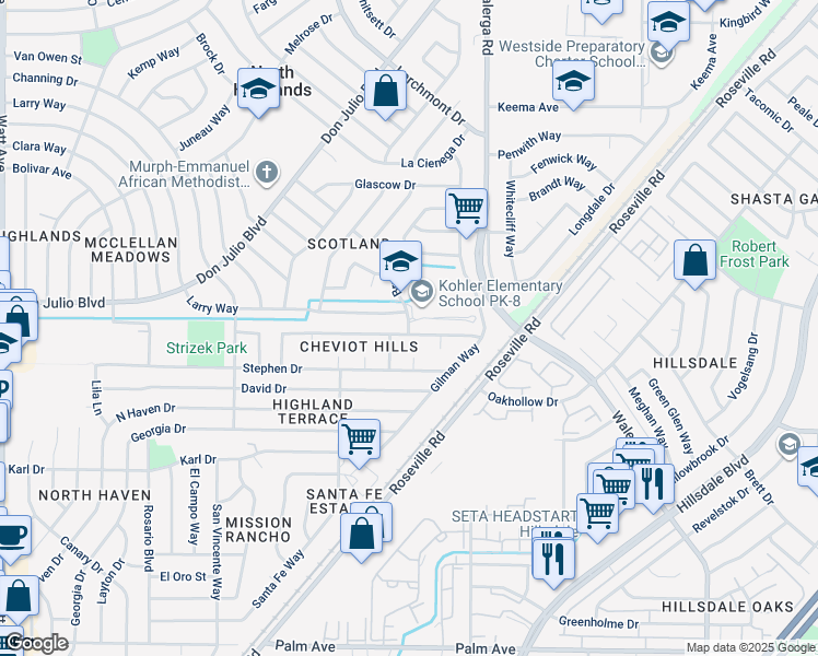 map of restaurants, bars, coffee shops, grocery stores, and more near 4004 Bruce Way in North Highlands
