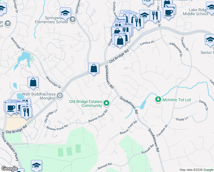 map of restaurants, bars, coffee shops, grocery stores, and more near 12651 Catawba Drive in Woodbridge