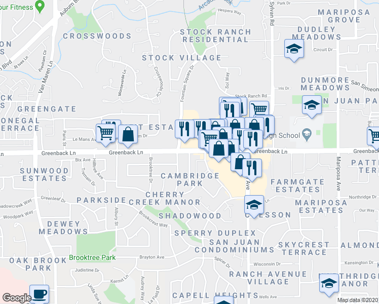 map of restaurants, bars, coffee shops, grocery stores, and more near Greenback Ln & Terrell Dr in Citrus Heights