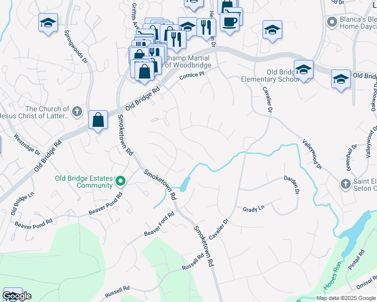 map of restaurants, bars, coffee shops, grocery stores, and more near 3486 Madelyn Court in Woodbridge