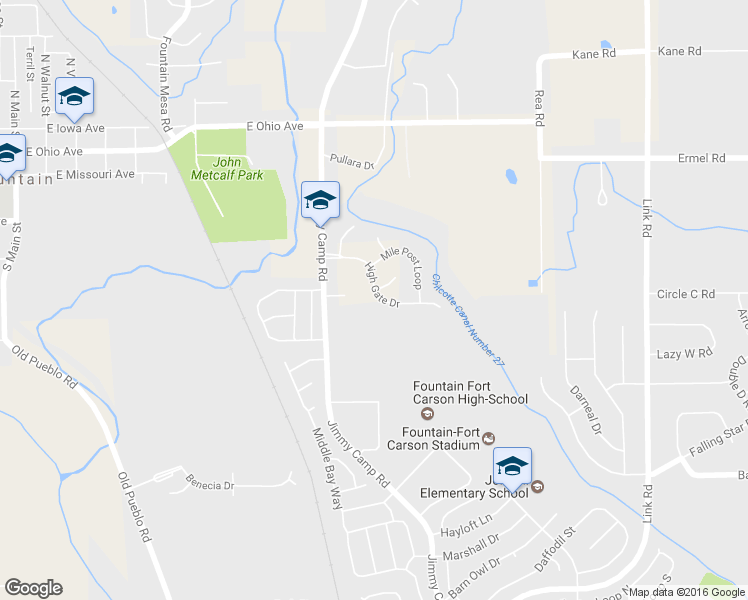 map of restaurants, bars, coffee shops, grocery stores, and more near 7703 High Gate Drive in Fountain