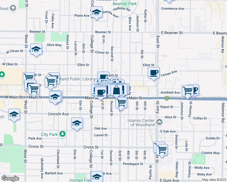 map of restaurants, bars, coffee shops, grocery stores, and more near 707 Main Street in Woodland