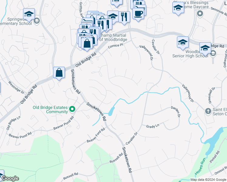 map of restaurants, bars, coffee shops, grocery stores, and more near 3486 Madelyn Court in Woodbridge