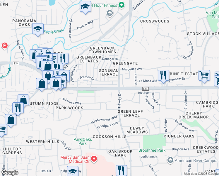 map of restaurants, bars, coffee shops, grocery stores, and more near 6550 Greenback Lane in Citrus Heights