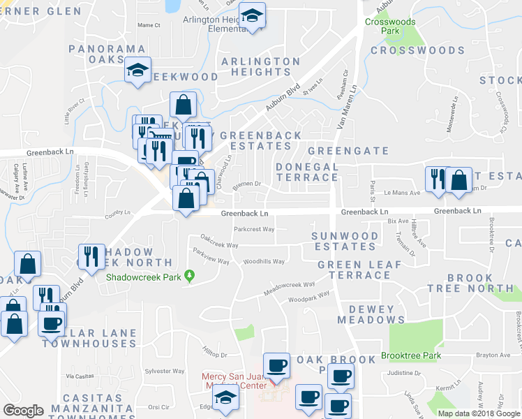 map of restaurants, bars, coffee shops, grocery stores, and more near 6413 Parkcrest Way in Citrus Heights