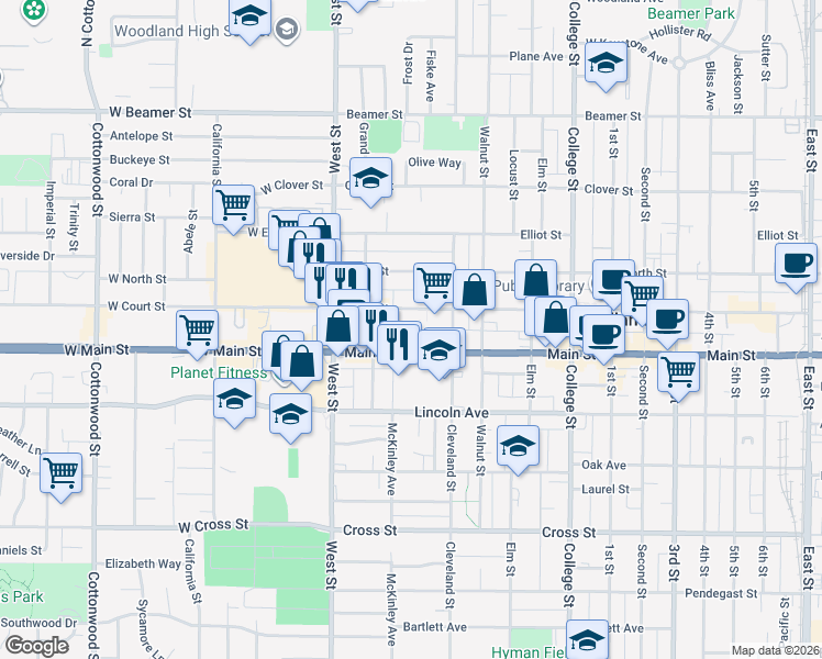 map of restaurants, bars, coffee shops, grocery stores, and more near 167 Main Street in Woodland