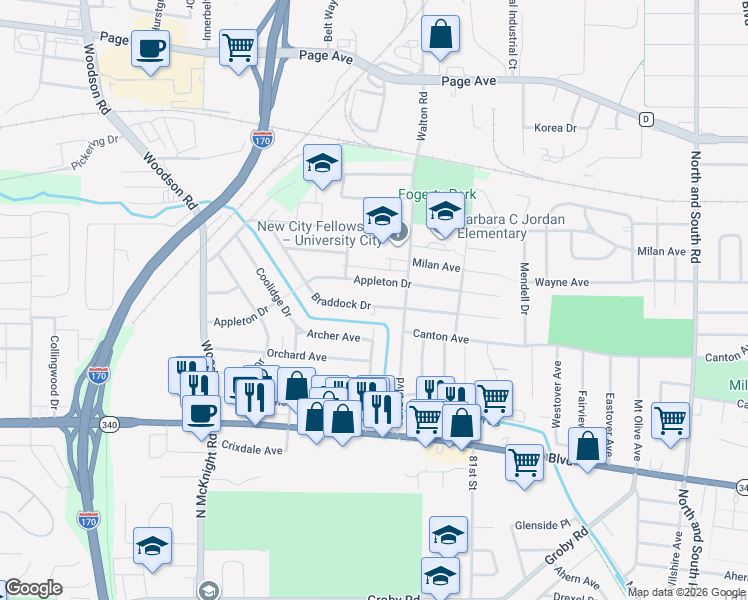 map of restaurants, bars, coffee shops, grocery stores, and more near 1344 Grant Drive in St. Louis