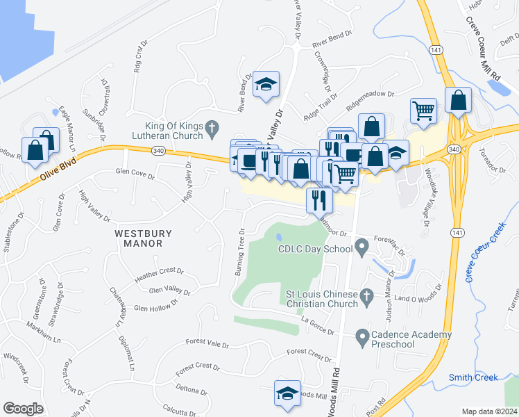 map of restaurants, bars, coffee shops, grocery stores, and more near 60 Highland Park Drive in Chesterfield