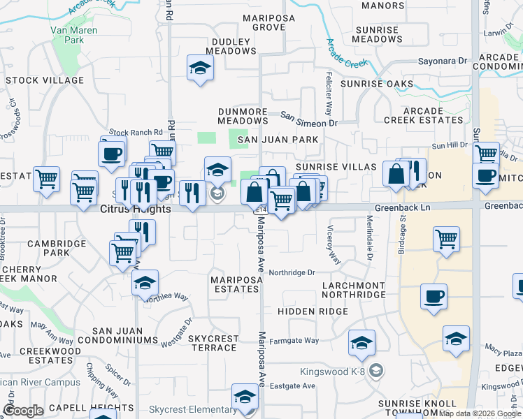 map of restaurants, bars, coffee shops, grocery stores, and more near Greenback Lane & Mariposa Avenue in Citrus Heights