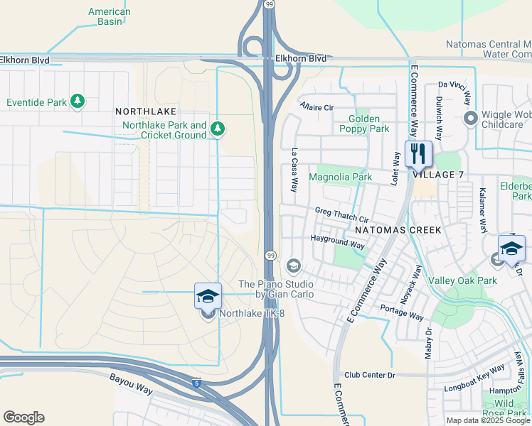 map of restaurants, bars, coffee shops, grocery stores, and more near 5601 Golden State Highway in Sacramento