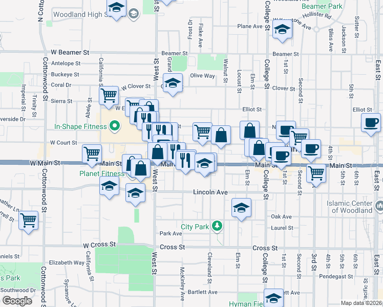 map of restaurants, bars, coffee shops, grocery stores, and more near 167 Main Street in Woodland
