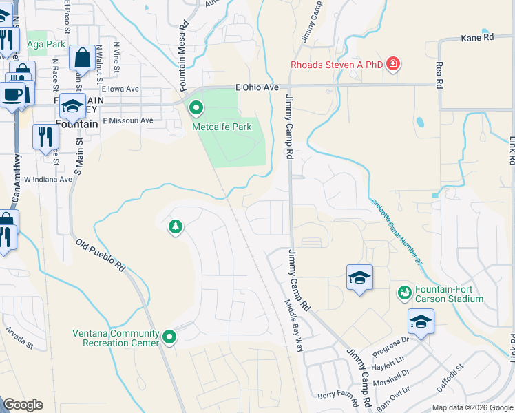 map of restaurants, bars, coffee shops, grocery stores, and more near 7290 Countryside Grove in Fountain