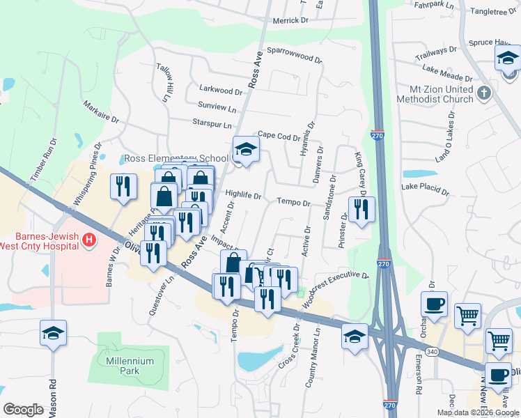 map of restaurants, bars, coffee shops, grocery stores, and more near 1043 Tempo Drive in St. Louis