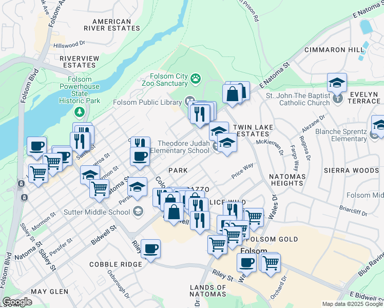 map of restaurants, bars, coffee shops, grocery stores, and more near 111 Persifer Street in Folsom
