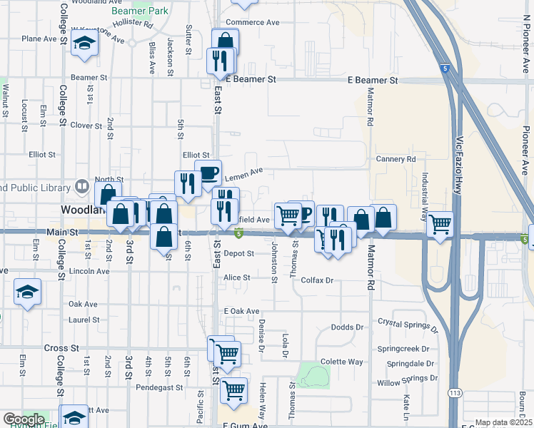 map of restaurants, bars, coffee shops, grocery stores, and more near 306 C Street in Woodland