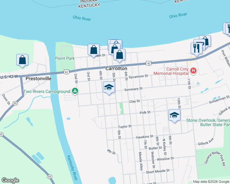map of restaurants, bars, coffee shops, grocery stores, and more near 408 5th Street in Carrollton