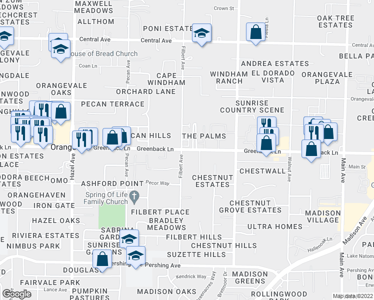 map of restaurants, bars, coffee shops, grocery stores, and more near Greenback Lane in Orangevale