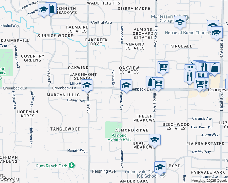 map of restaurants, bars, coffee shops, grocery stores, and more near 8637 Stratus Drive in Orangevale