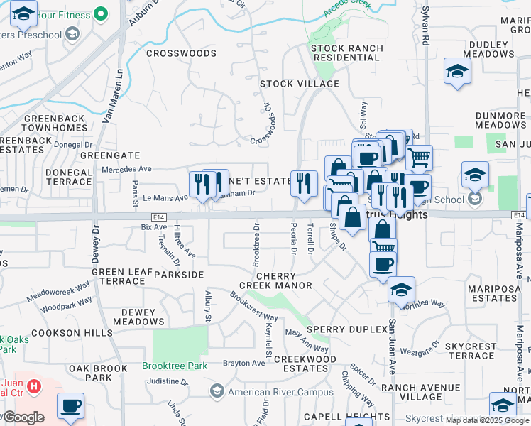 map of restaurants, bars, coffee shops, grocery stores, and more near 6948 Burnham Drive in Citrus Heights