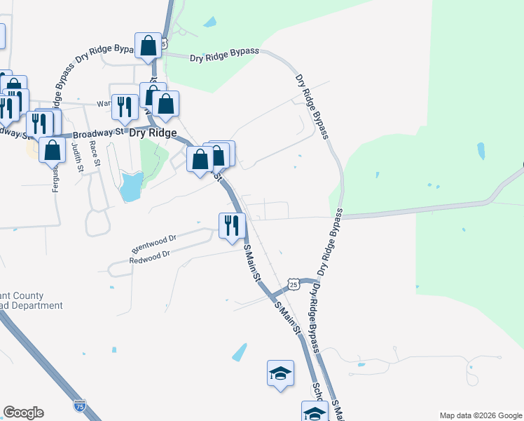 map of restaurants, bars, coffee shops, grocery stores, and more near 12 E-Z Street in Dry Ridge