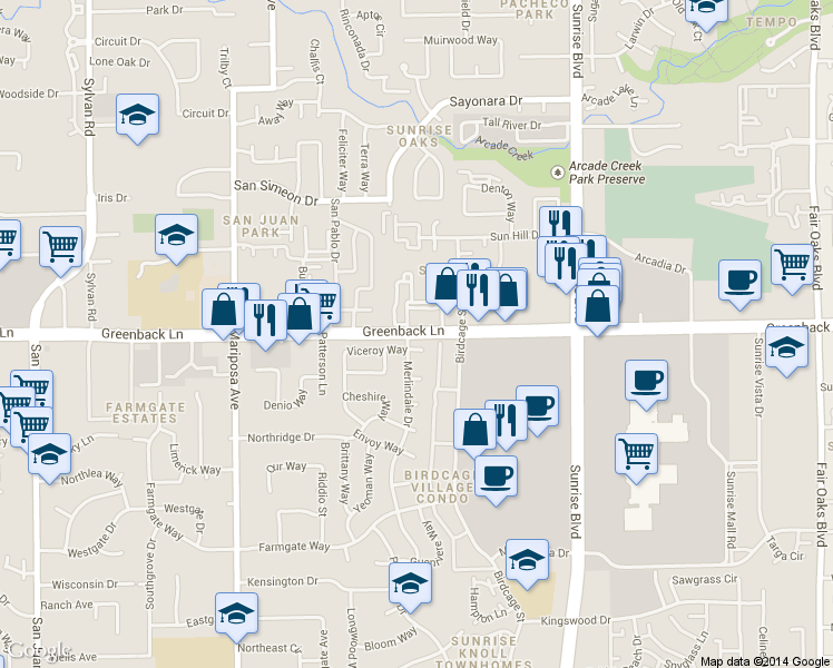 map of restaurants, bars, coffee shops, grocery stores, and more near 7772 Greenback Lane in Citrus Heights