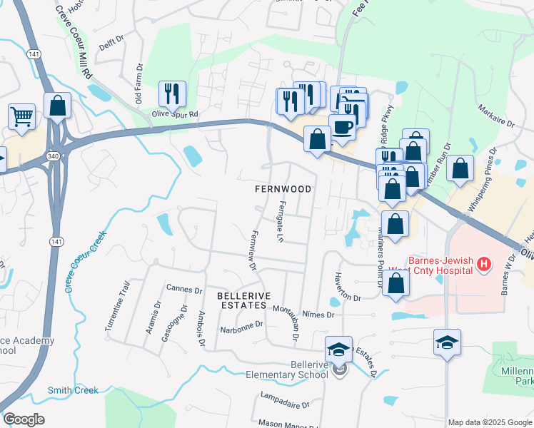 map of restaurants, bars, coffee shops, grocery stores, and more near 1000 Fernview Drive in Creve Coeur